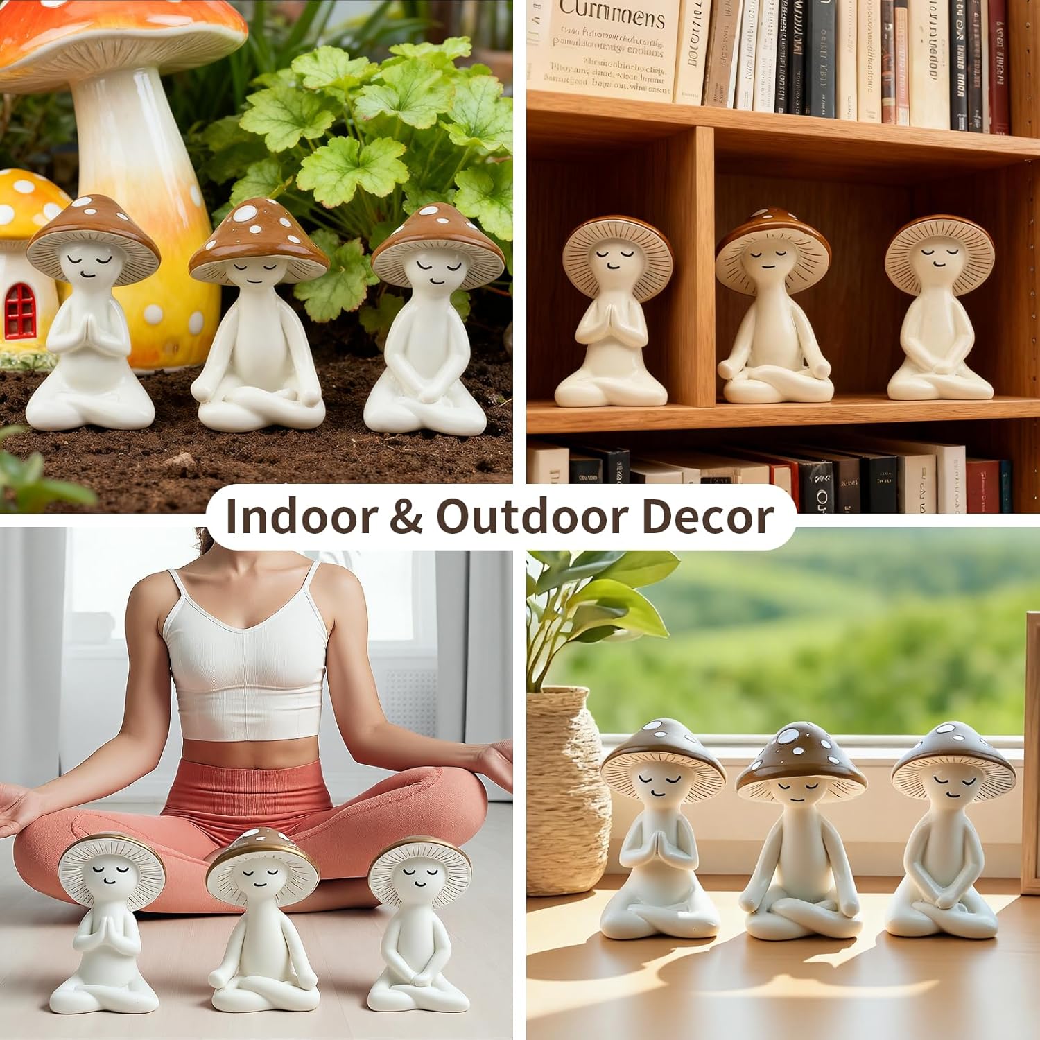 Meditation Mushroom Resin Statues – Cute Yoga Mushroom Figurines for Desk, Home, Office & Garden Decor – Zen Resin Sculptures for Living Room, Patio, Tabletop & Backyard (3 Pack, Mushroom)