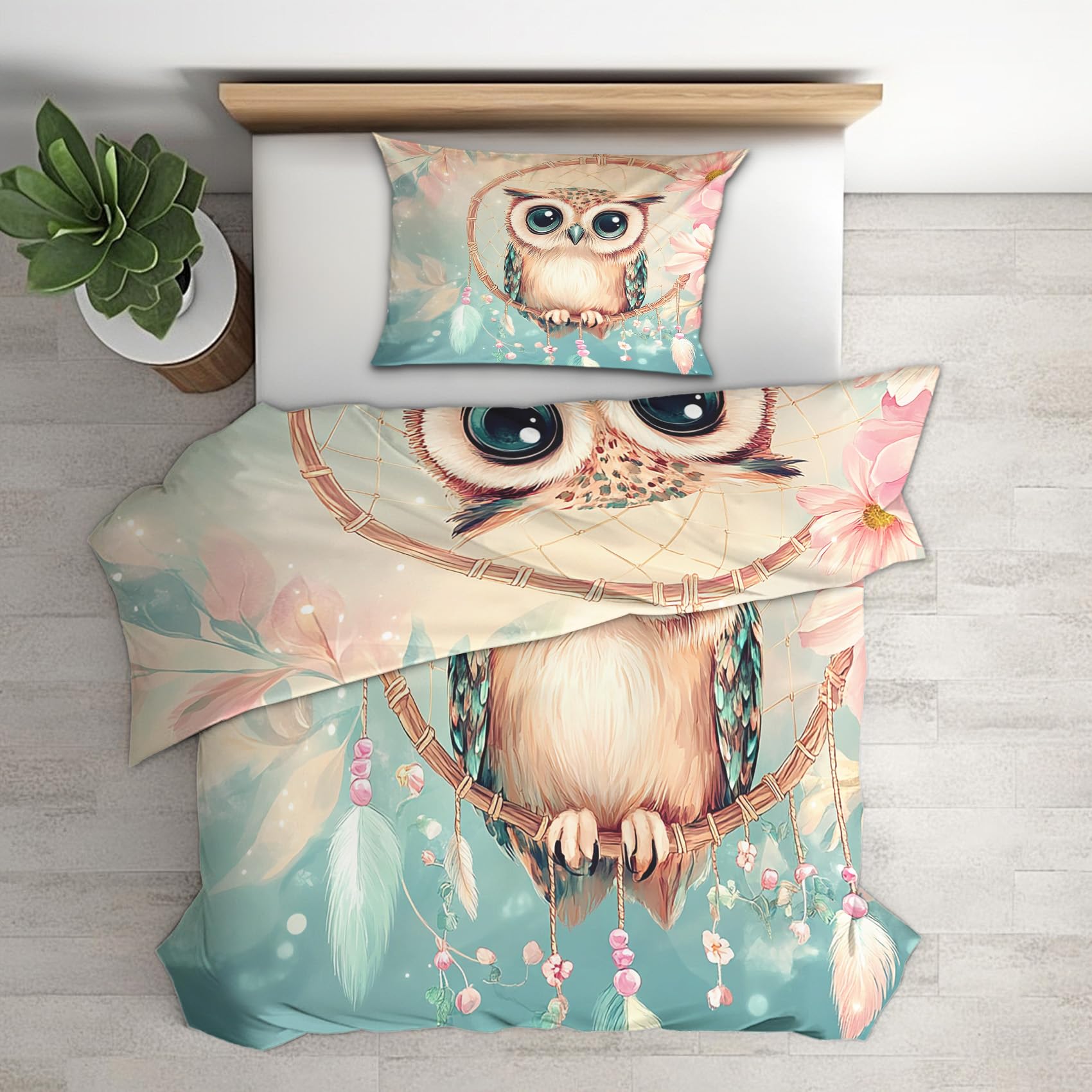 Housse de couette 140x200 hibou attrape-rêves en microfibre avec taie d'oreiller