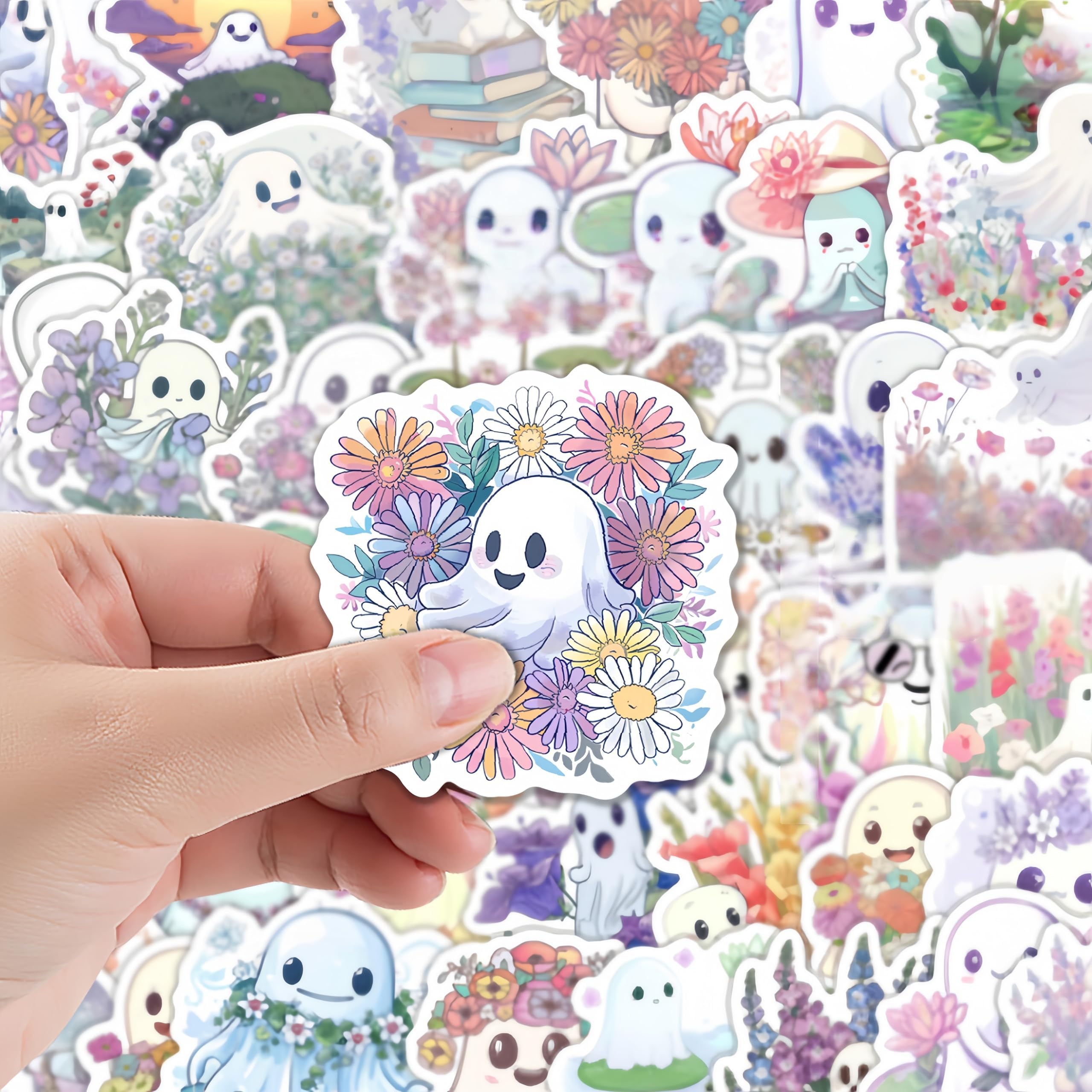 50pcs Cute Ghost Flowers Cartoon Stickers for Water Bottles, Skateboards, Journals, Scrapbooking & Party Supplies, Whimsical Ghosts and Floral Patterns Playful Design | Durable Decals