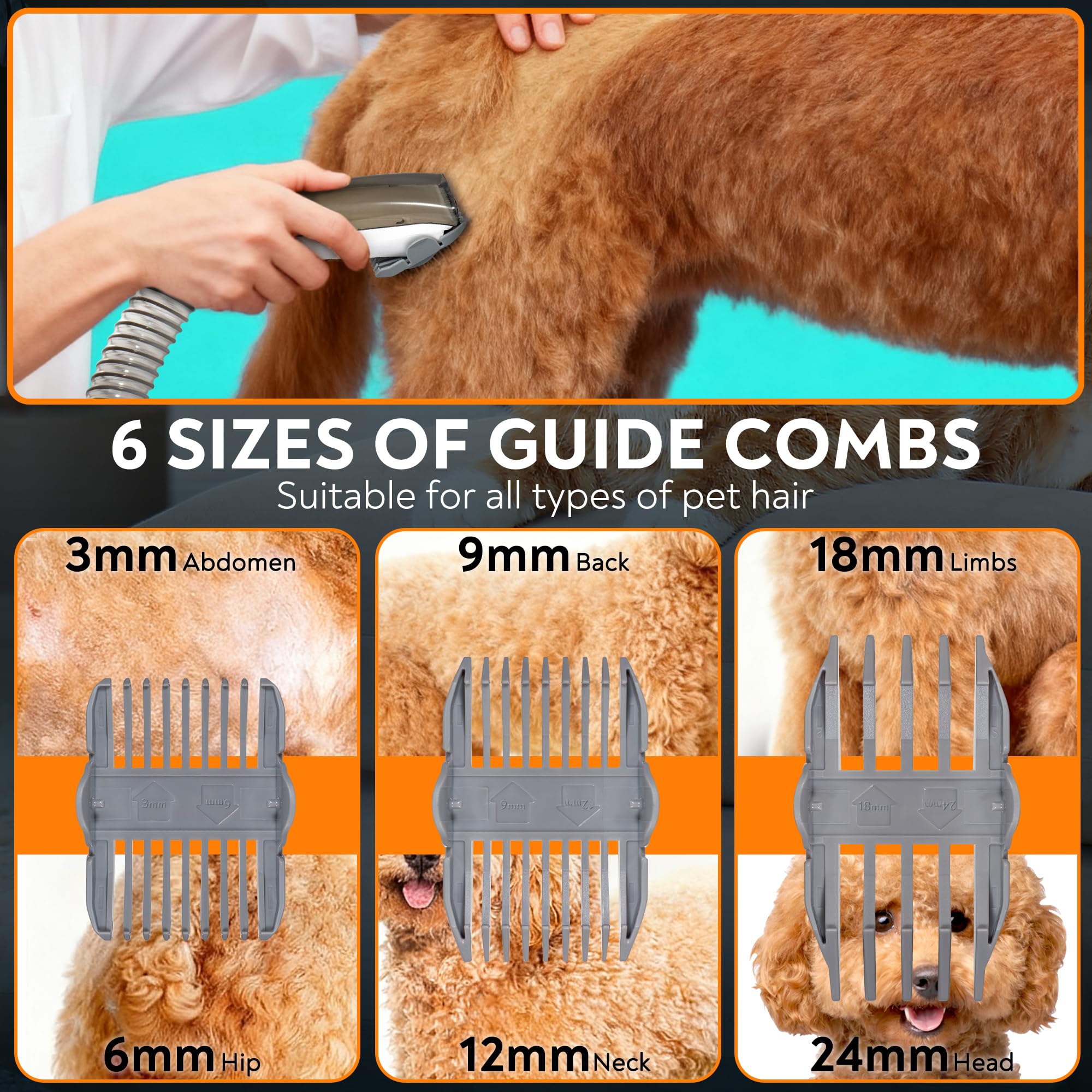 Pet Grooming Vacuum for Dogs & Cats, 12kPa Strong Suction, ≤50dB Quiet, 2L Dust Cup, 5-in-1 Grooming Kit with Ceramic Clippers, 6 Guide Combs, Vacuum for Shedding & Long-Haired Breeds - image 3