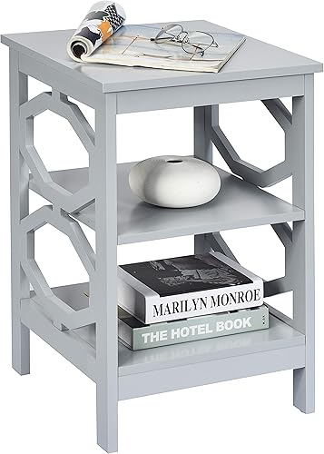 Giantex Mesita de noche de 3 niveles, mesa auxiliar Omega con estantes de almacenamiento, estructura estable, mesas de noche versátiles, mesa