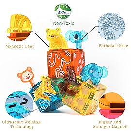 MEGAGONTILES Zoo Animals Magnetic Tiles Set 108PCS | STEM-Authenticated Magnetic Building Blocks with Animal Figures | Educational Construction Toy for Toddlers & Kids Ages 3-8 (Boys & Girls)