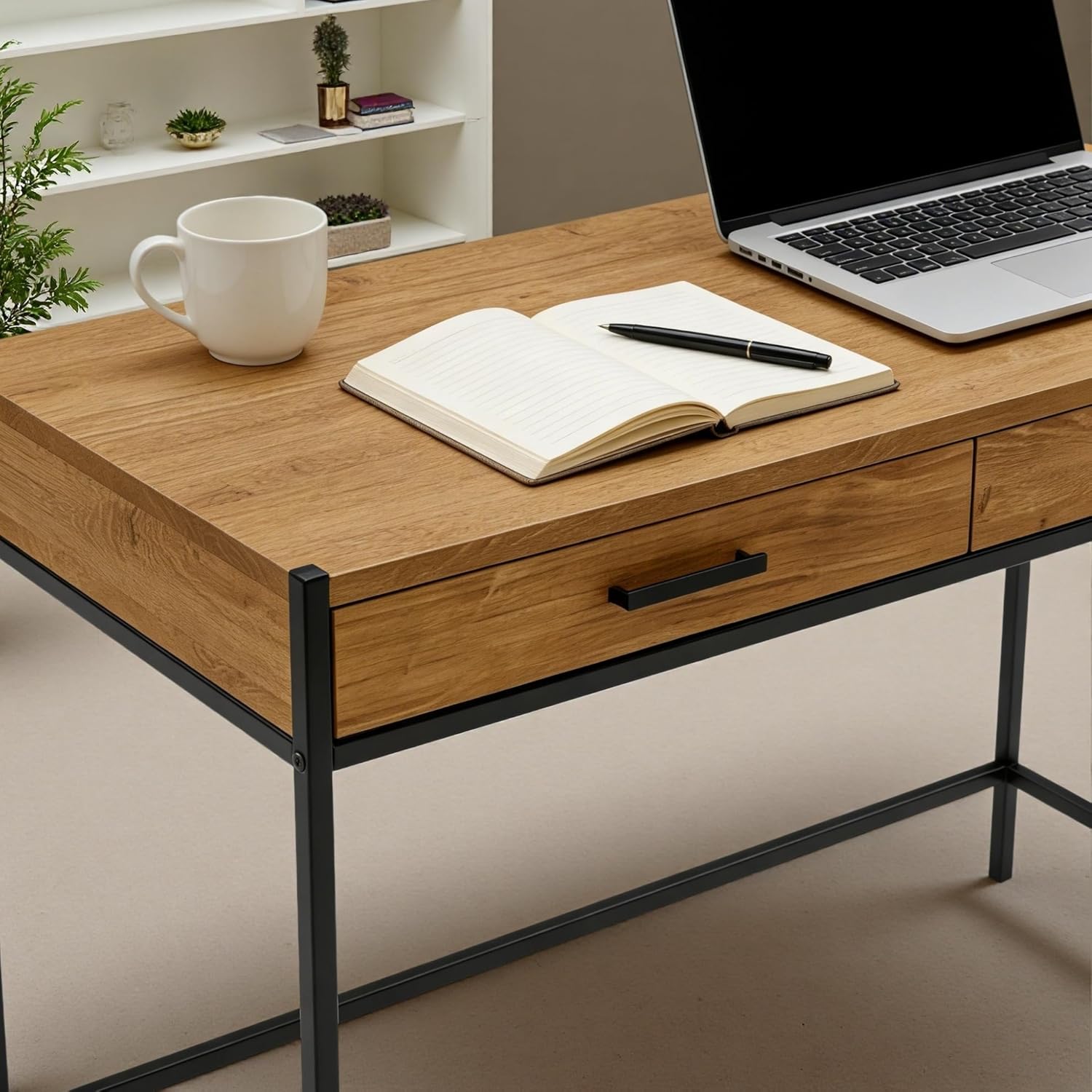 Caffoz Modern 48 Inch Mahogany Finish Writing Desk, Home Office Computer Table with 2 Drawers Storage, Study Laptop Workstation Space Saving Design (Brown)