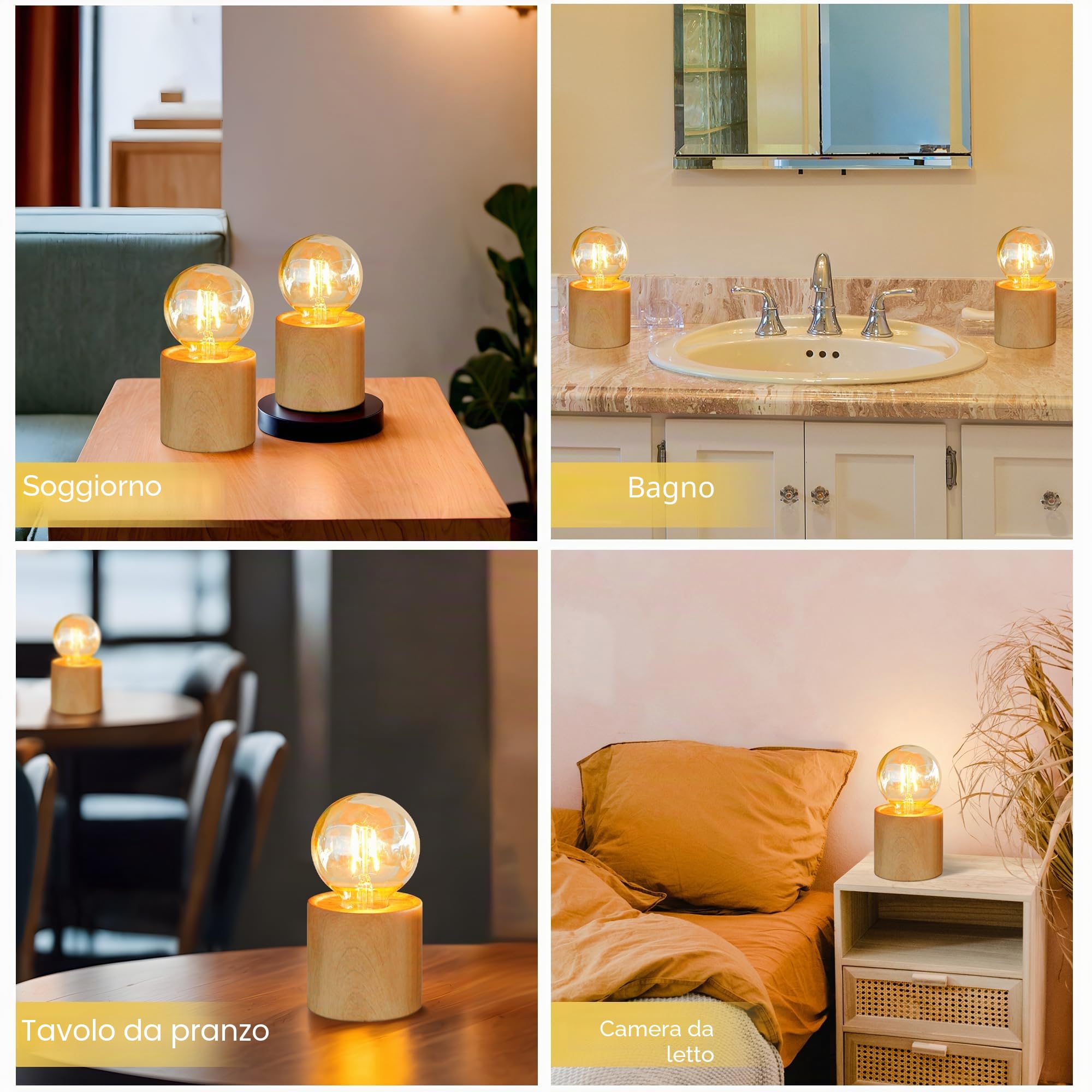 JHY DESIGN Set di 2 lampade da tavolo in legno alte 16,5 cm in ceramica senza fili con lampadina Edison e timer di 6 ore a batteria, ideali per il soggiorno gli interni e gli esterni