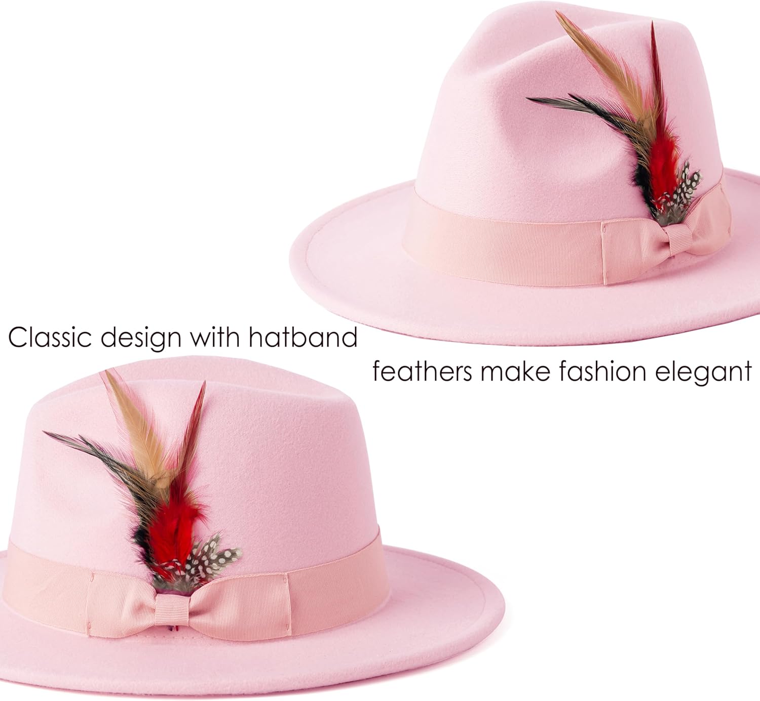 Mens Fedora Hats Wide Brim Felt Panama Hat Dress Hat with Feather