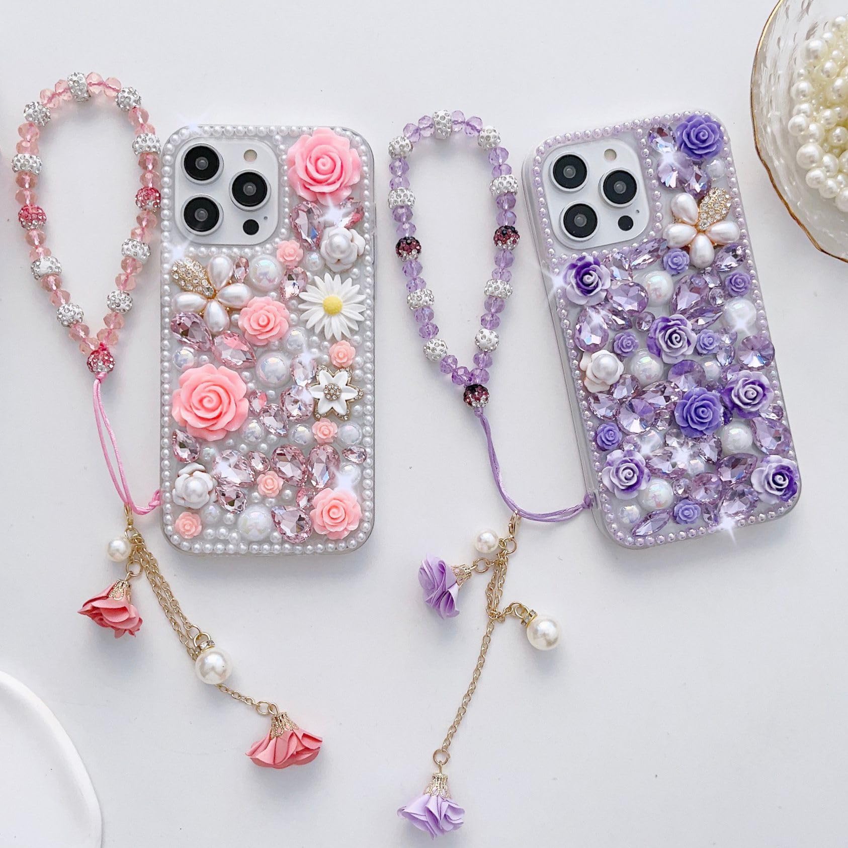 Bling Diamond - Funda para Moto G 2025 5G con correa de pulsera de perlas, color rosa 3D brillante con diamantes de imitación de cristal brillante, a prueba de golpes, funda para teléfono con