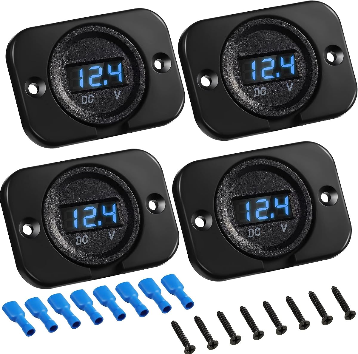 Frienda 4 Pcs Voltage Meter Waterproof Dc 12V 24V Car Battery Voltmeter LED Digital Display Battery Monitor with Insulated Terminals Screws for Motorcycle Marine Boat Vehicle Automotive RV Truck(Blue)