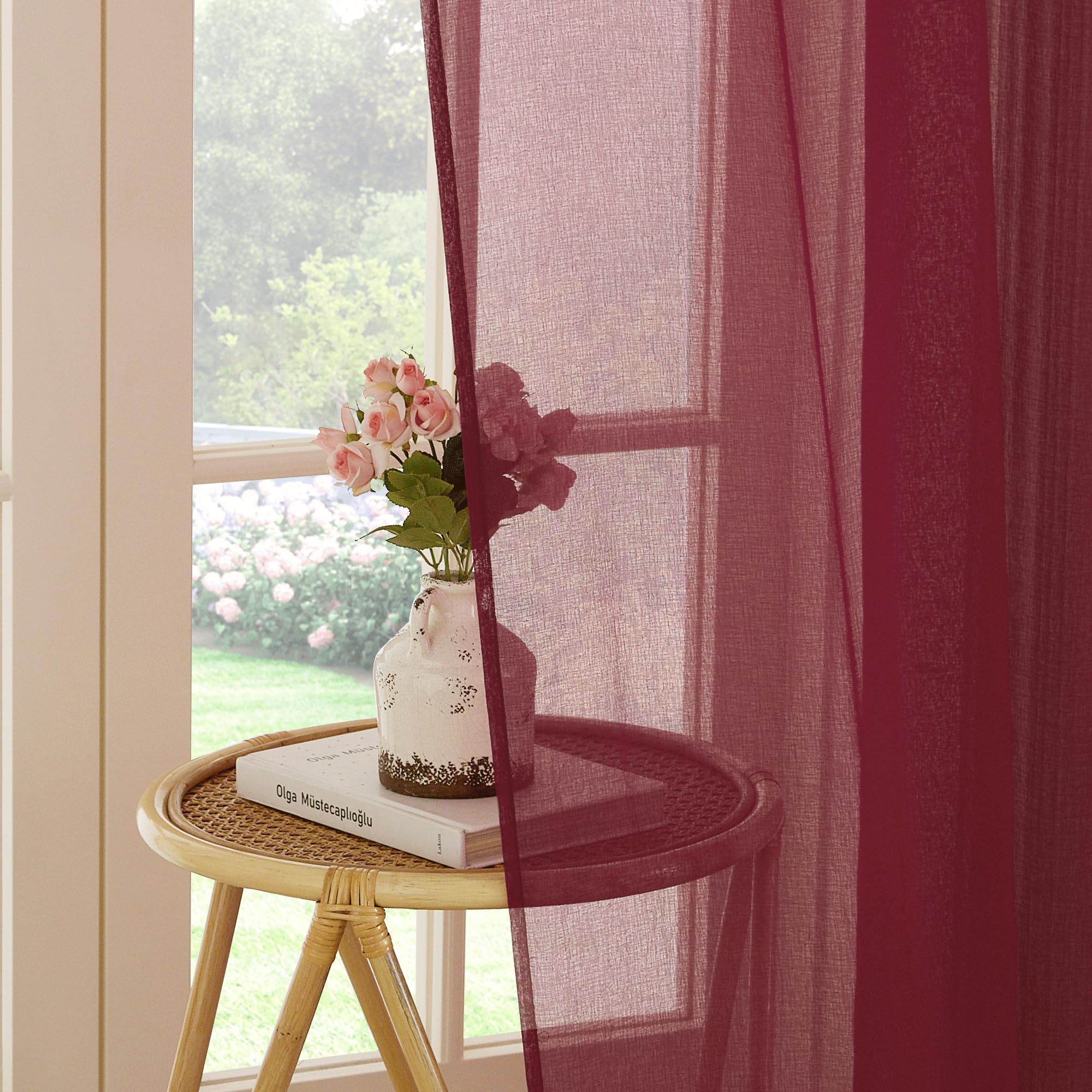 PONY DANCE Tende Moderne per Soggiorno con Effetto Lino 2 Pezzi 140x245 CM Tende Trasparenti con Anelli per Interni Moderne Decorazione Voile Curtains, Rosso