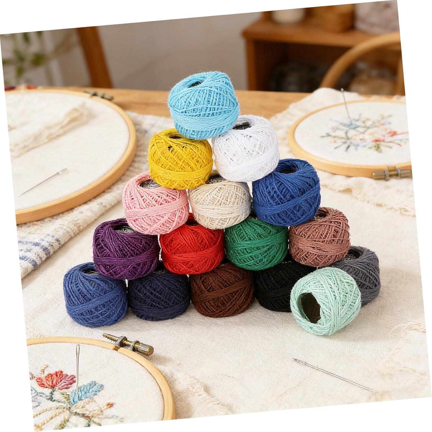 SHINEOFI Embroidery Thread Set 16 Rolls Multi-Color Cotton Floss for Cross Stitch DIY Craft Supplies 1.77In Each Roll Bright Durable Threads for Home Making