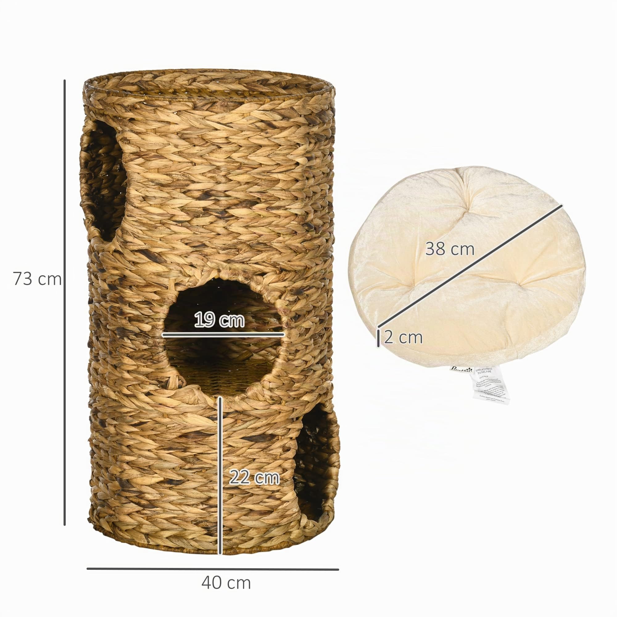 PawHut Tonneau à chat, 73 cm de haut, avec 3 niches, arbre à chat avec coussin, en jacinthe d'eau, pour chat jusqu'à 3,5 kg, marron clair