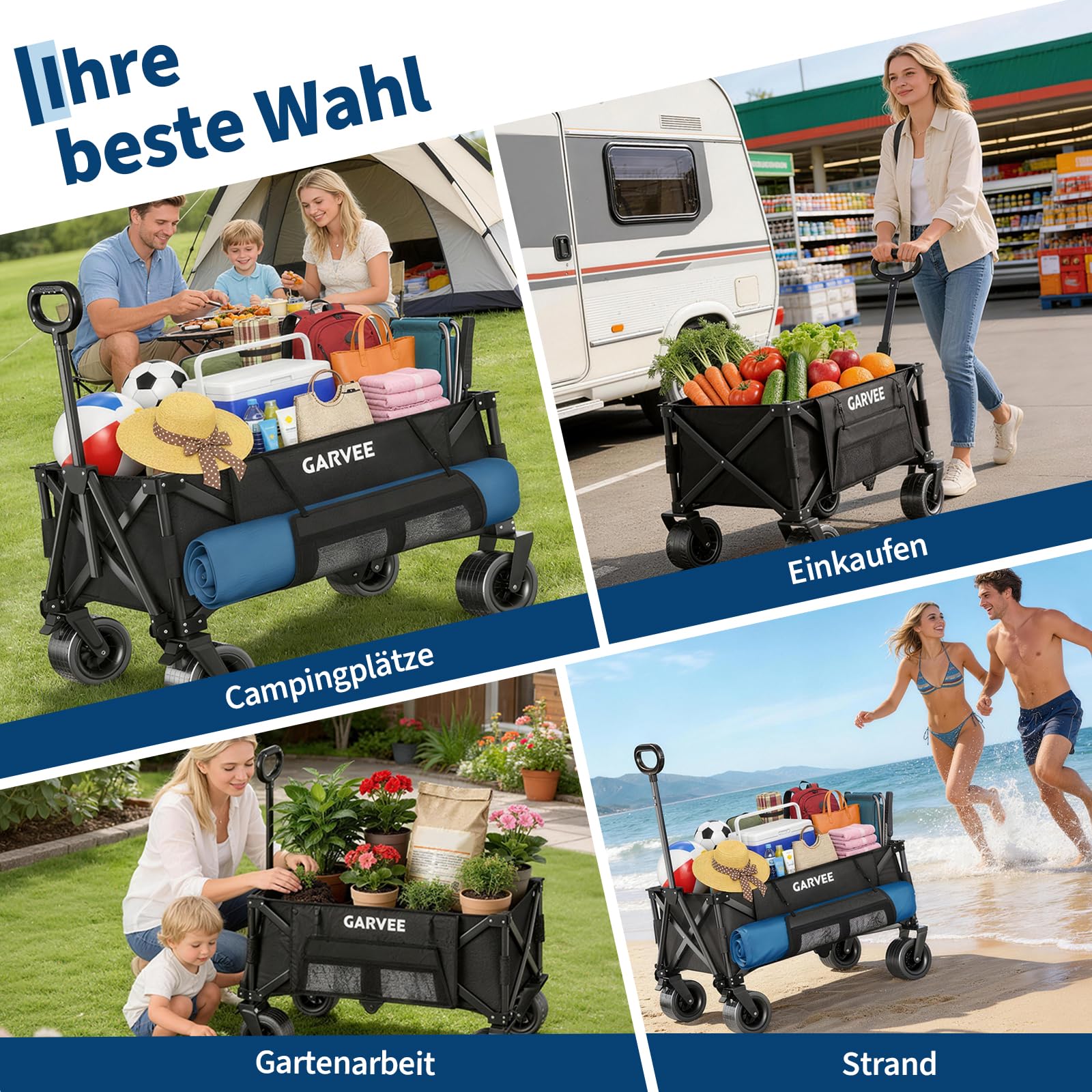 GarveeLife XXL Bollerwagen Faltbar, 200kg Belastbar & 200L Volumen, Handwagen mit Bremsen & 20cm Offroad-Rädern, Klappbarer Transportwagen mit Seitentaschen für Strand, Camping & Garten, Schwarz