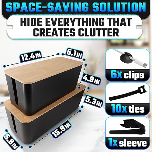 Miniatura 3 de Juego de 2 cajas organizadoras de cables para ocultar cables y regletas con clips, lazos y fundas reutilizables, diseño funcional, moderno, tamaños