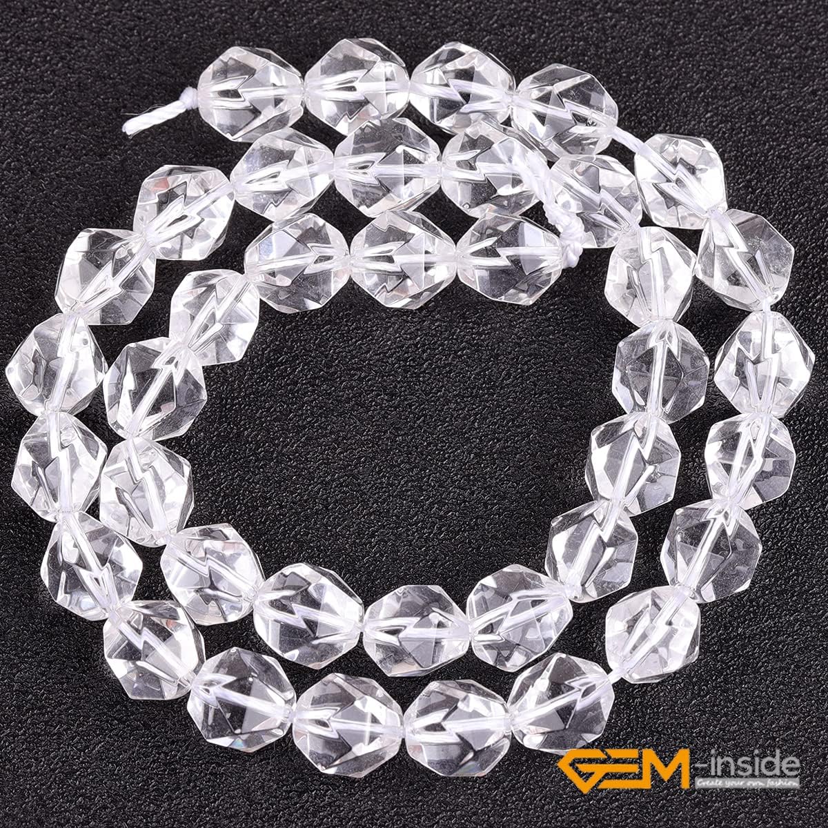 GEM-Inside Natural 10mm White Clear Quartz Gemstone Loose Beads Faceted Cambay Crystal Energy Stone Power for Jewelry Making 15"