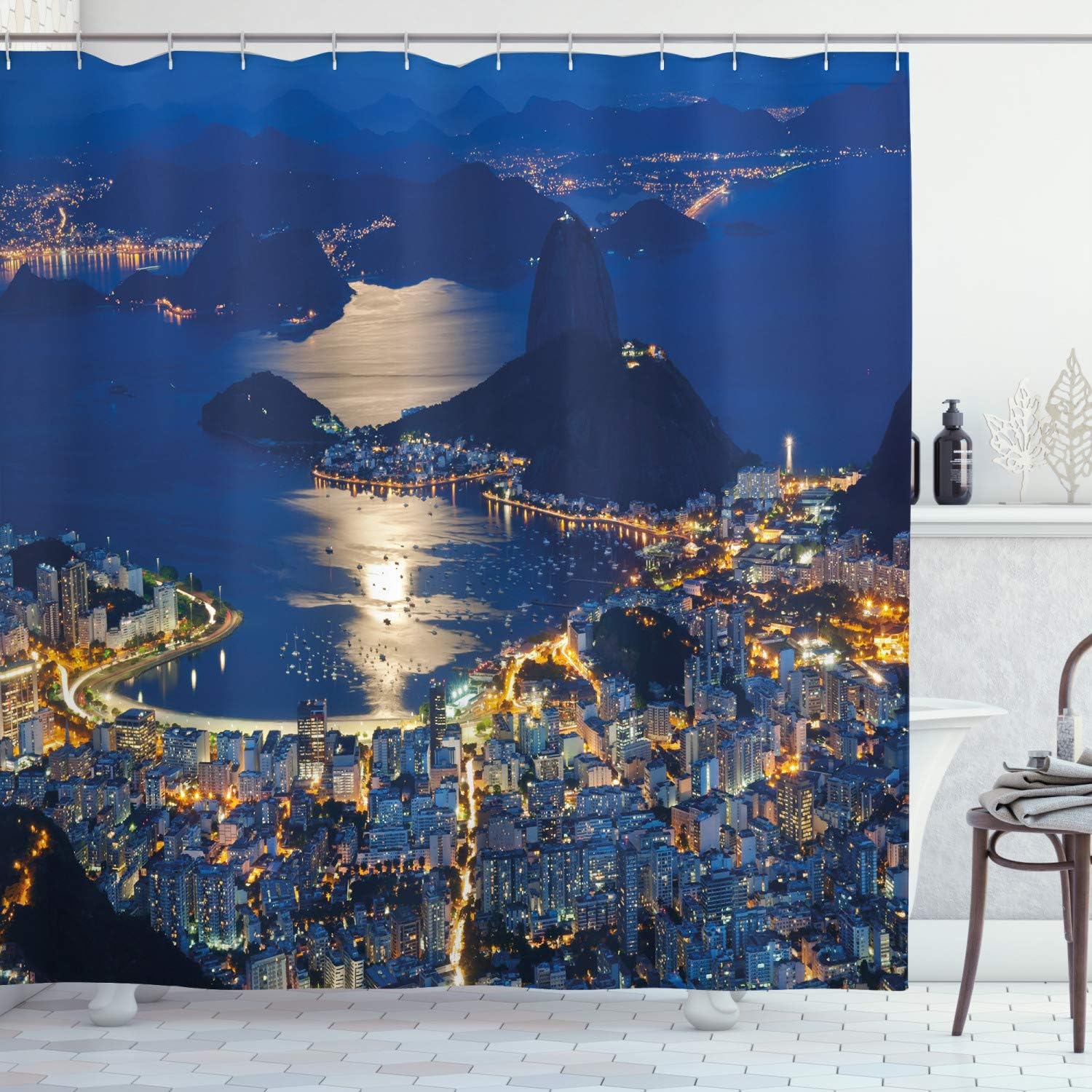 Ambesonne Night Shower Curtain, Aerial View of Mountain Sugar Loaf and Botafogo Rio de Janeiro, Cloth Fabric Bathroom Decor Set with Hooks, 69" W x 75" L, Violet Blue Pale Grey
