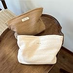 Sminra Sac de maquillage Sac cosmétique Preppy Toile Sac de toilette pour femmes Poche zippée mignon Organisateur Accessoires de voyage, Crème tissée Blanc, Grand