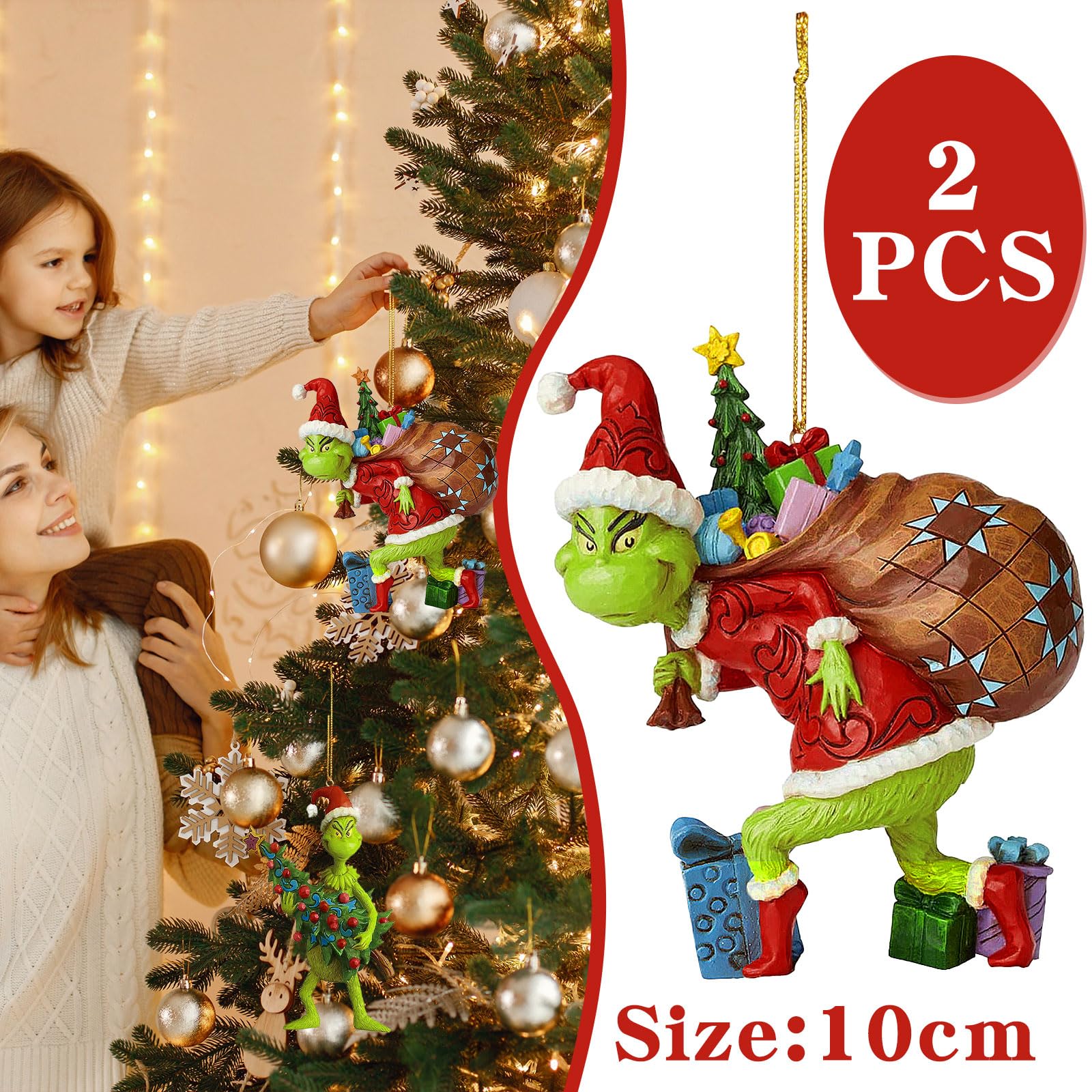 ZYEKIU Grinch Weihnachtsdeko 10 Stück - Acryl-Anhänger Mit Elastischer Kordel Für Weihnachtsbaum