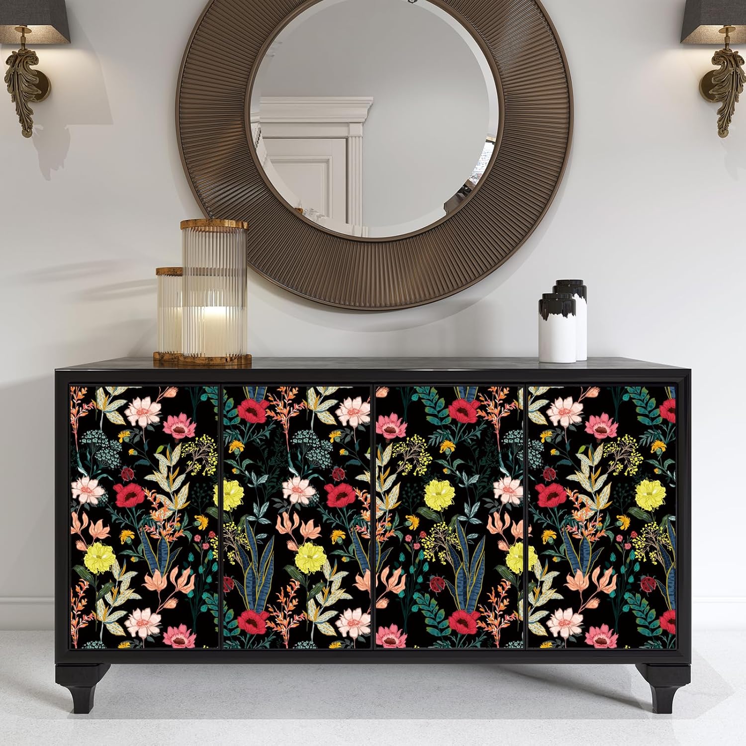 VaryStyle 17.7"x118" Midnight Garden Floral Peel and Stick Wallpaper Colorful Black Floral Wallpaper for Bathroom Waterproof Removable Wall Paper Vinyl Black Contact Paper for Cabinets Shelves Walls