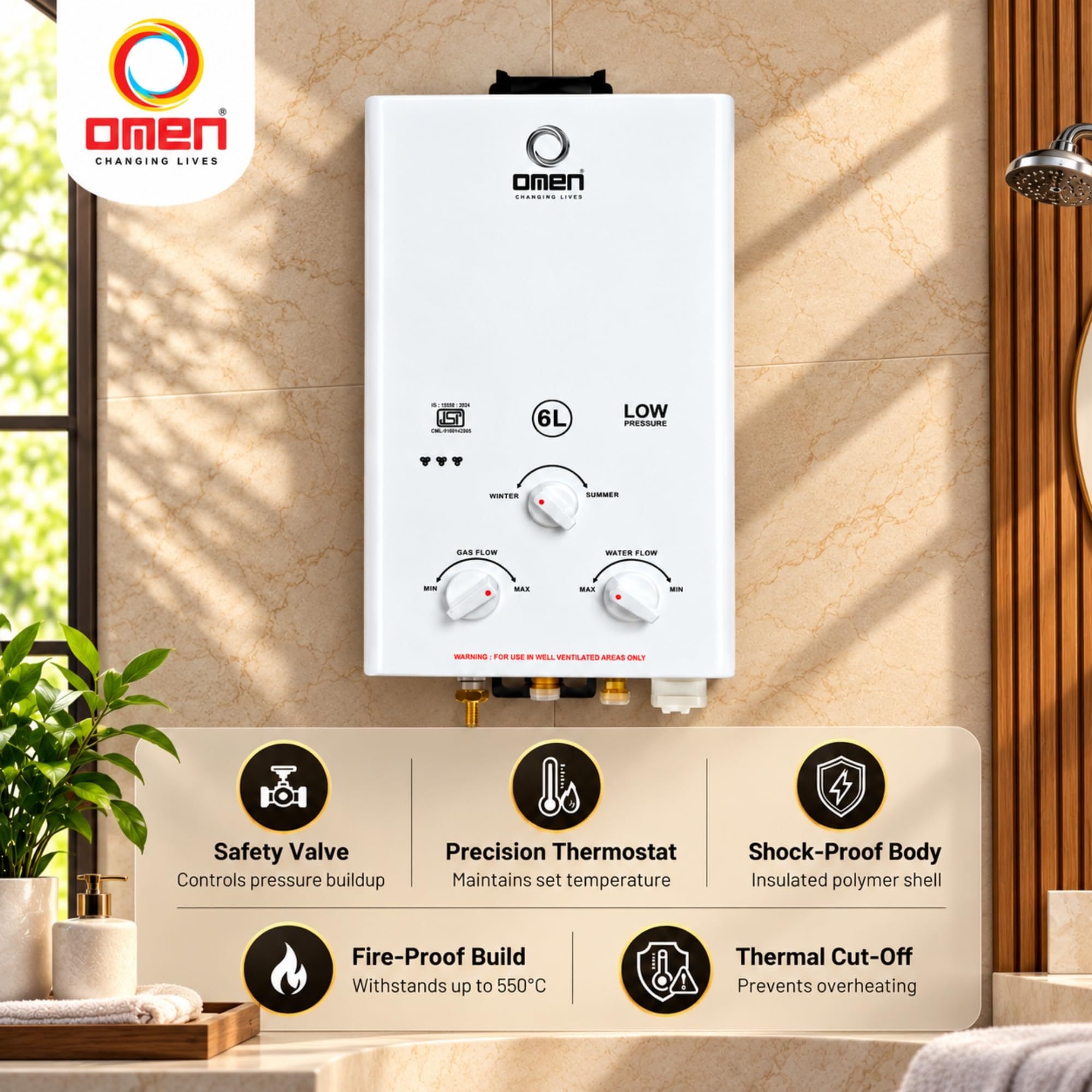 Omen 6L LPG Gas Geyser - Instant Hot Water -3