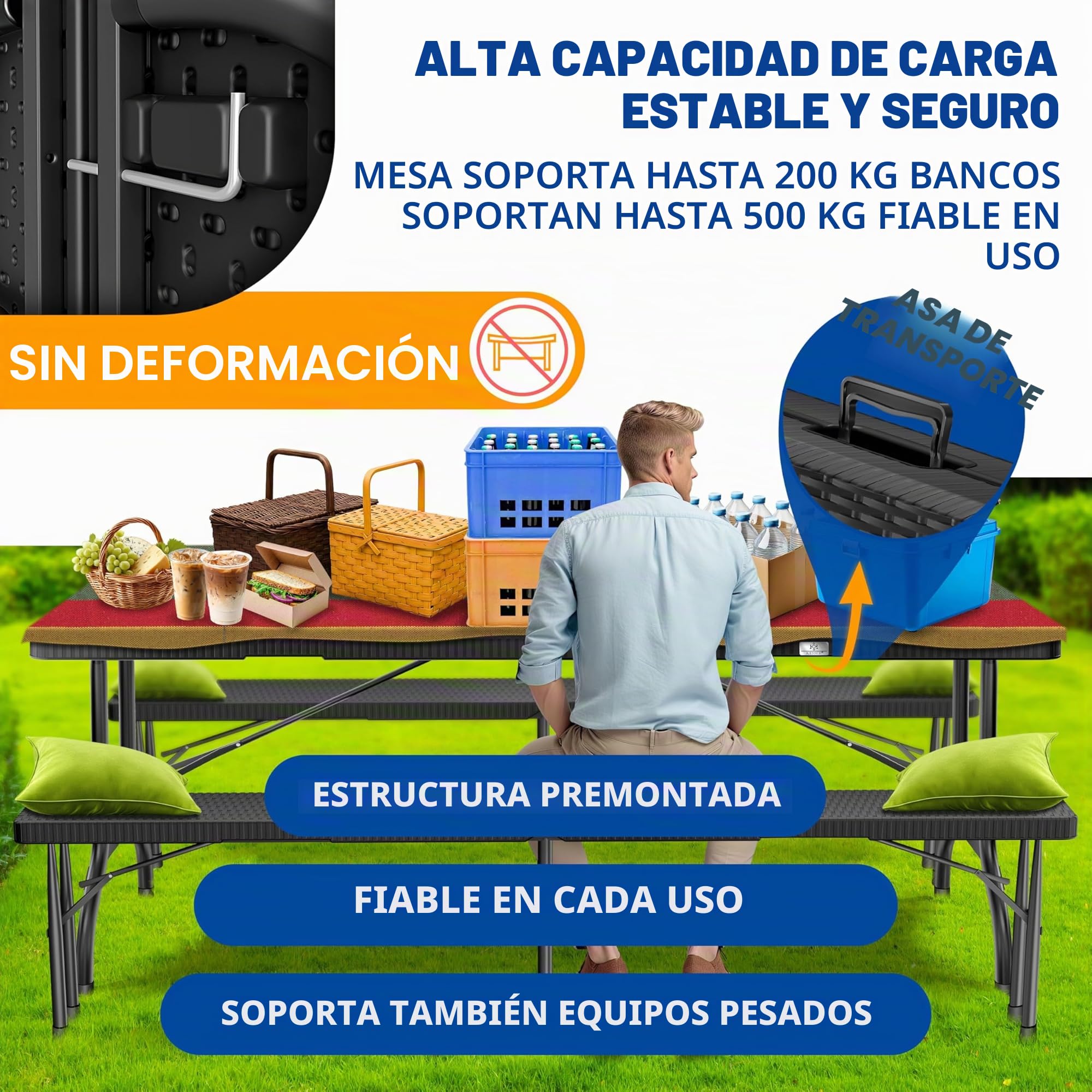 KESSER® Juego de Tienda de Cerveza - Juego de 3 Piezas, Mesa + 2X Banco, Mesa Plegable, Plástico, Juego de jardín con Aspecto de ratán/Plegable, Asas de Transporte, 73x180x75 cm, Negro