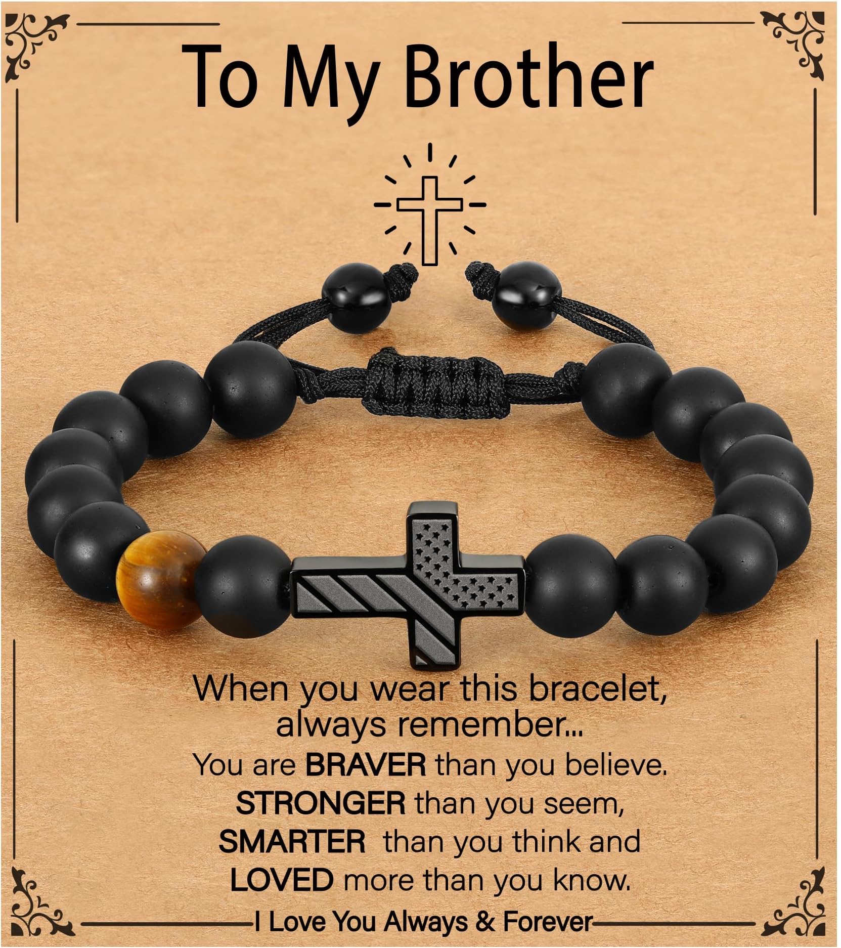 P. BLAKE First Communion Confirmation Baptism Gifts for Boys Teens, American Flag Cross Natural Beads Bracelet Christian Religious Jewelry Gifts for Teen Boys Kids