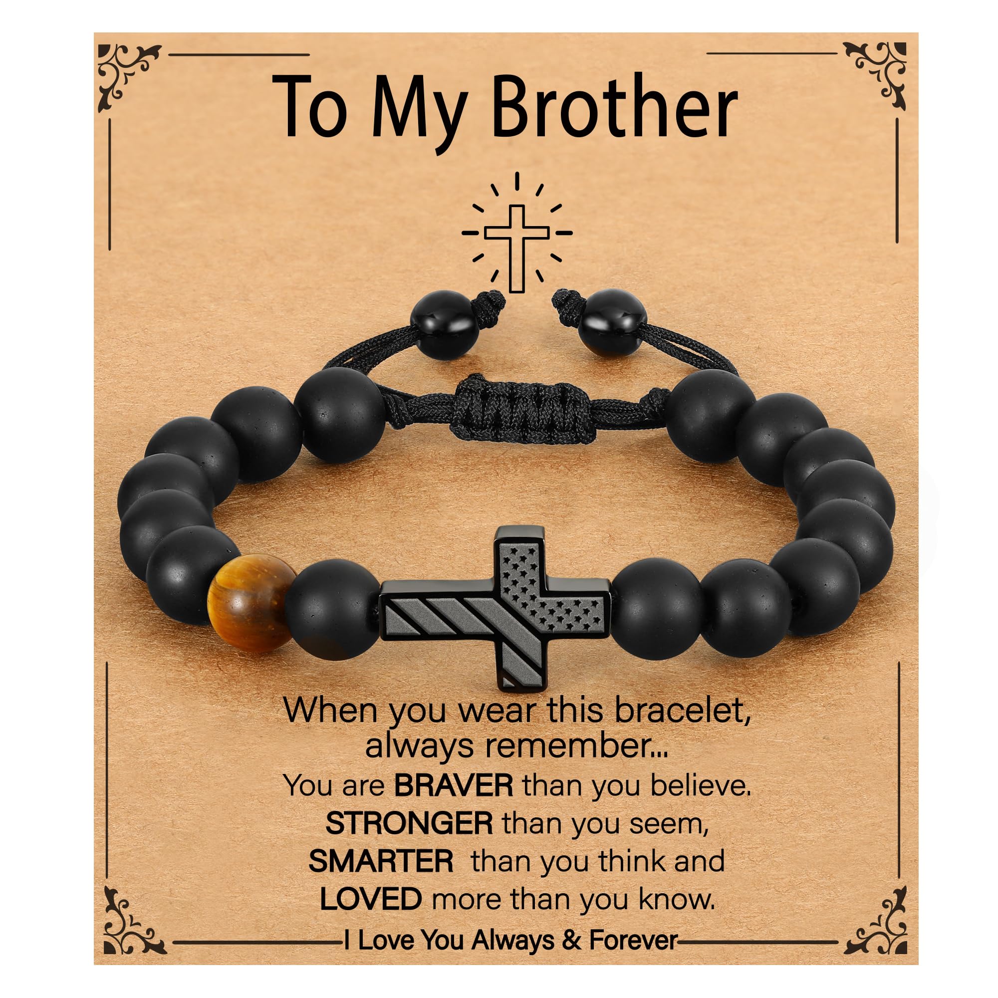 P.BLAKE Cross Bracelet for Boys Teen Boy Gifts, American Flag Cross Beads Bracelet Christian Christmas Easter Baptism Jewelry Gifts for Son Grandson