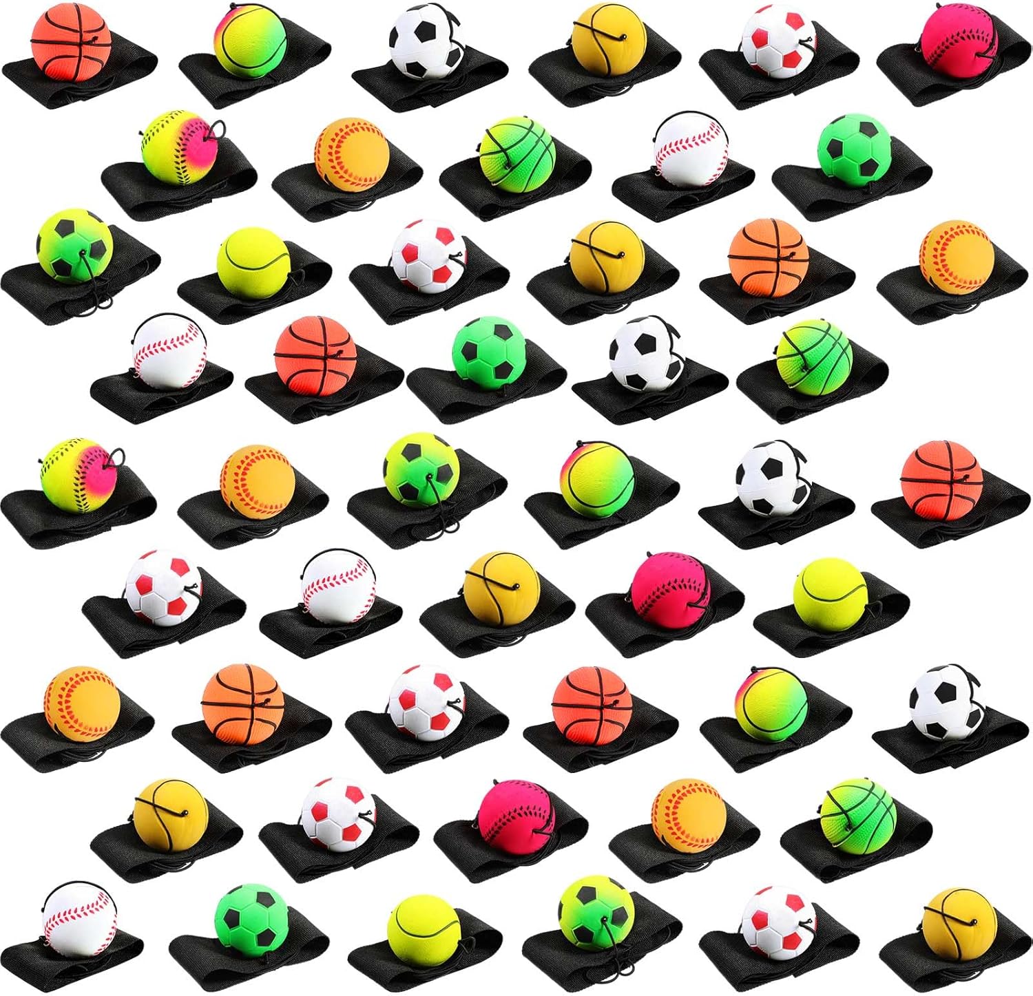 Skylety Wrist Return Ball 1.85'' Rubber Sport Ball with Strap and String Rebound Bouncy Balls Basketball Baseball Soccer Tennis Wristband Toy for Teens Adults Gifts, Wrist Exercise Play 50