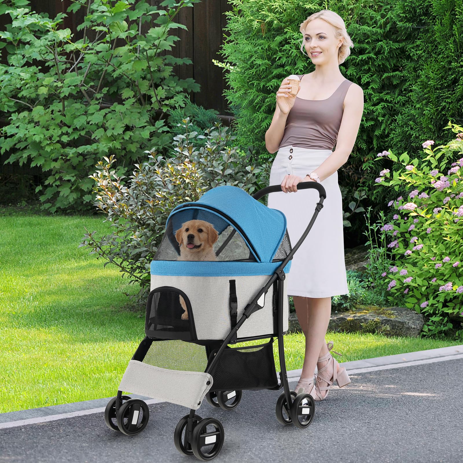 COSTWAY 3 en 1 Cochecito para Mascotas Plegable, Cochecito de Mascotas con Toldo Ajustable de 4 Niveles y Cesta de Almacenamiento, Carrito para Gatos con Porta Asiento de Coche Extraíble (azul)