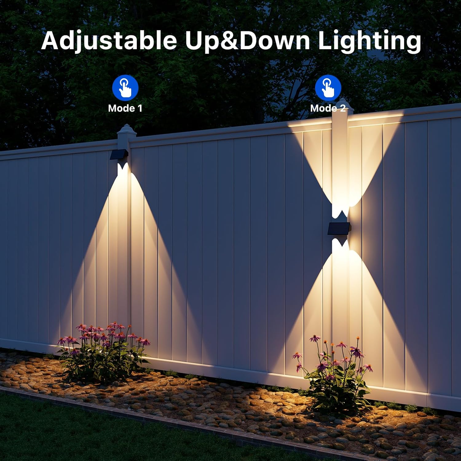 4 Pack Solar Powered Wall Lights for Outside Up and Down Fence Mount LED Outdoor Decorative Waterproof Lamps for Porch, Deck, Patio, Yard, Garden, 4 Lenses Designed for Accent Lighting (Warm White)