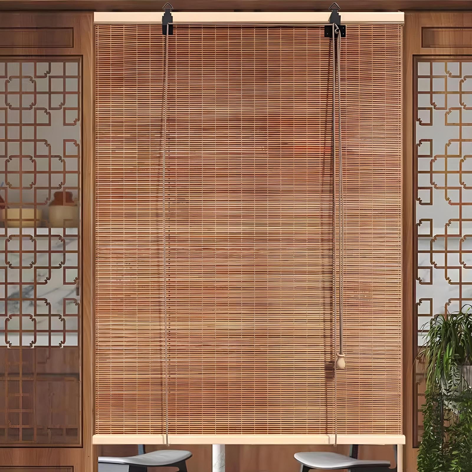 Eiauiuo Natural Bamboo Roller Blind, Wooden Roman Blind For Windows & Doors, Decorative Bamboo Curtains, Side Pull Sun & Privacy Protection, Blackout Indoor Opaque Blinds(50x80)