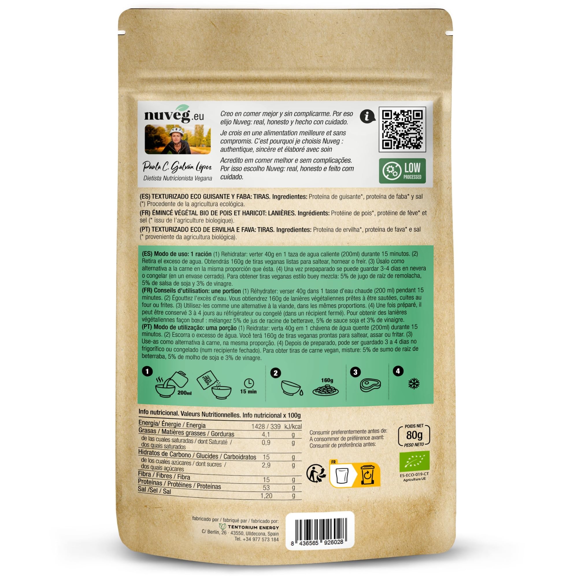 NUVEG Texturizado de Proteína Deshidratada Ecológica, Listo para Cocinar, Proteína de Guisante Vegana Sin Gluten, Comida Preparada Rica en Fibra, Vegan Protein, Pack 3, 240 g