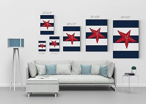 Miniatura 5 de Ilustración roja de estrellas de mar, fondo a rayas azul marino y blanco, decoración náutica, lienzo impreso en lienzo costero, decoración del