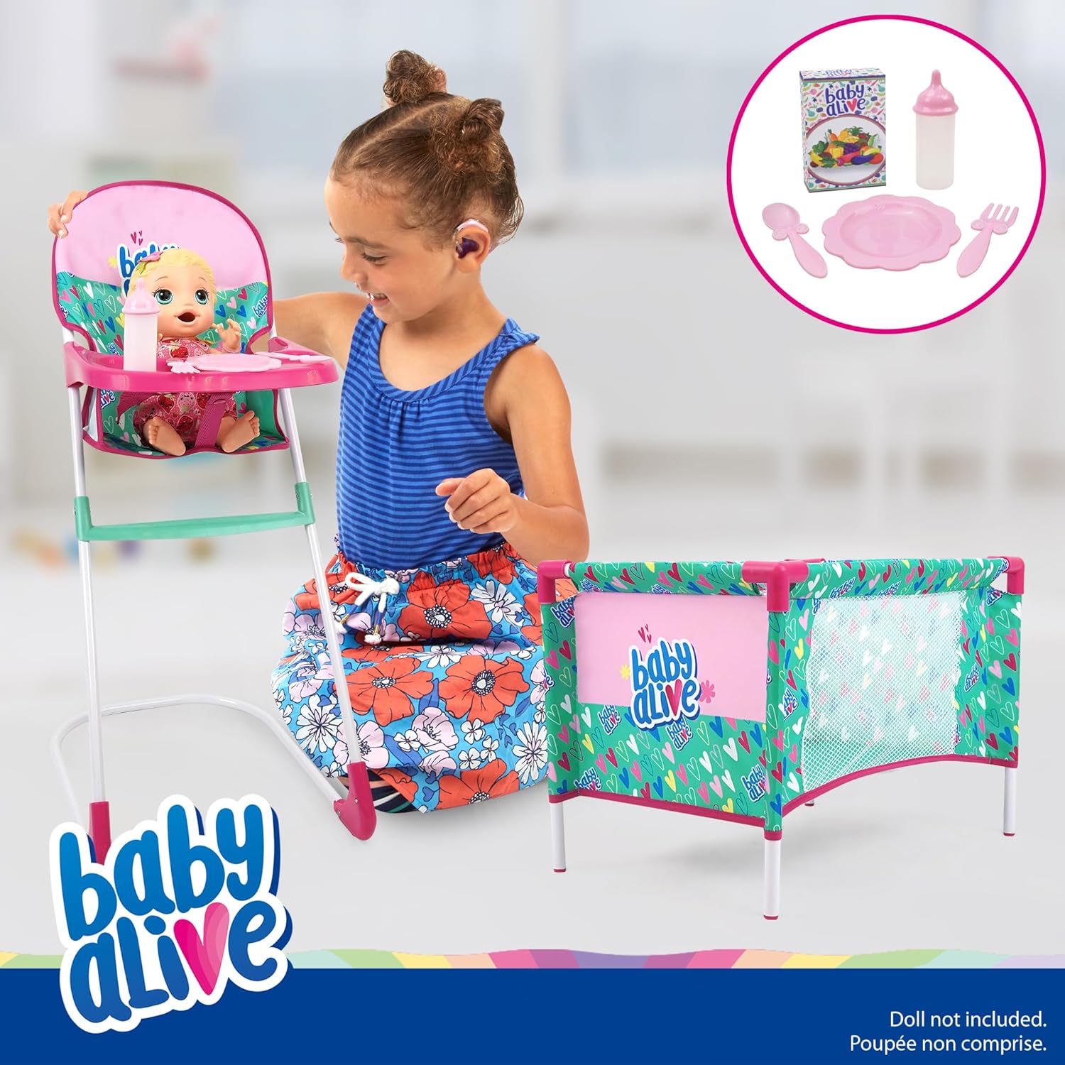 Baby Alive: at Home Set - 7pcs - Green, Pink, Hearts - Play Yard, Highchair, Feeding Accessories, Playset for Dolls Up to 18", Kids Toy, Ages 3+