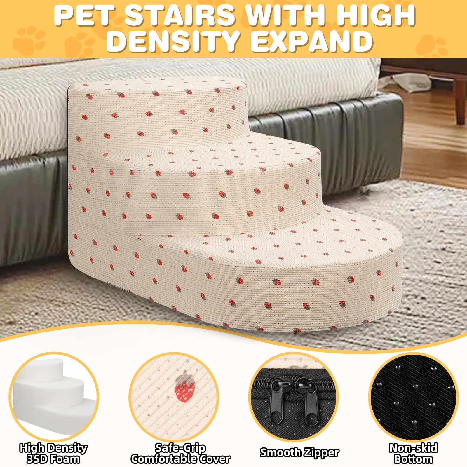Scala per cani di piccola taglia, gradini in schiuma per cani e gatti di piccola taglia, 3 gradini, per letti alti, divano, finestra, divano, scale per animali domestici con copertura rimovibile e