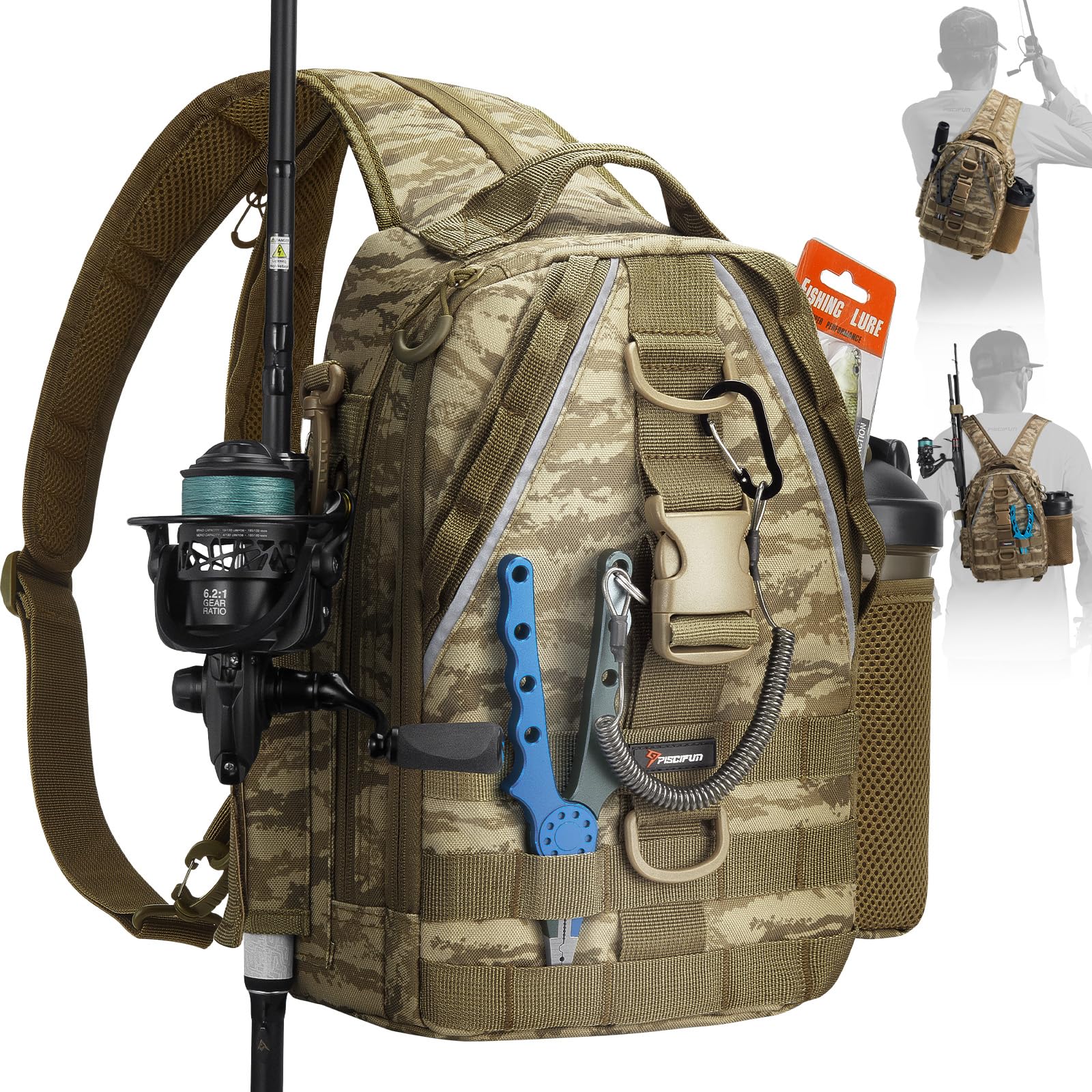 Piscifun Fishing Backpack, Rod Holders, Lightweight Sling Bag, Khaki Camo