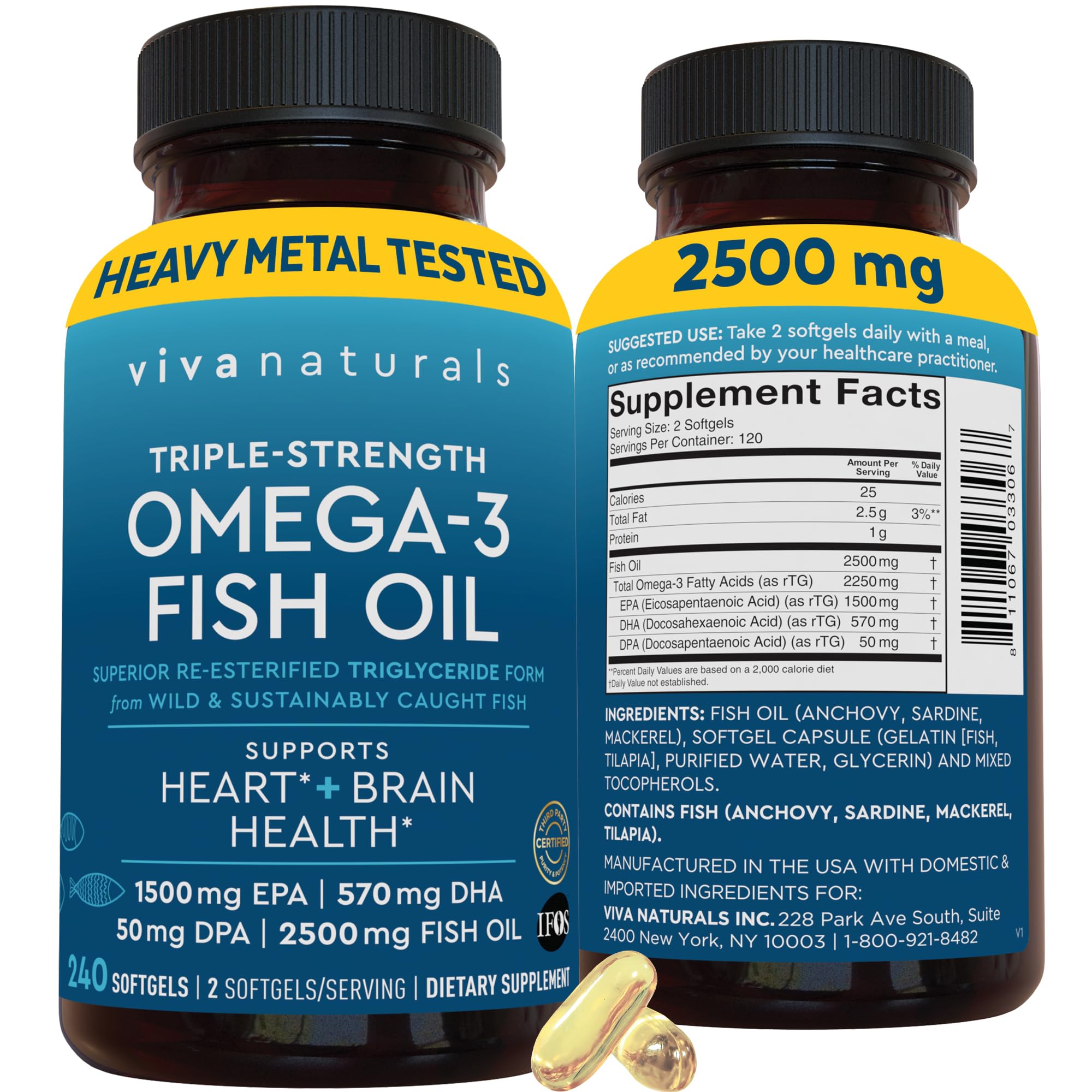 Viva Naturals Omega 3 Fish Oil Supplement for Women and Men - 2500 mg Triple Strength Fish Oil Pills with Re-Esterified Omega 3 Fatty Acids Including EPA, DHA DPA - 240 Pescatarian-Friendly Softgels