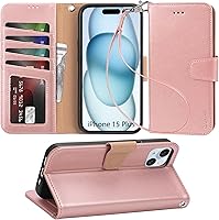 Vista 23 de Arae Funda compatible con iPhone 15 con tarjetero y correa para la muñeca para iPhone 15 de 6.1 pulgadas, color negro