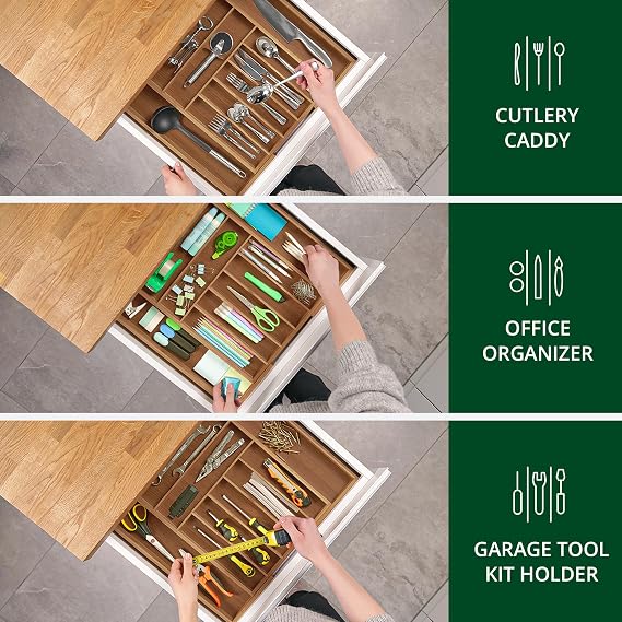Kitchen Drawer Organizer Brown Bamboo 9 Slot - Wooden Cutting Boards for Kitchen Meal Prep & Serving - Bamboo Wood Serving Board Set with Deep Juice Groove Side Handles