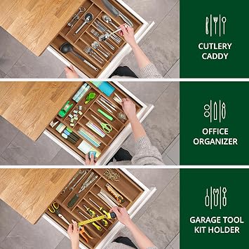 Kitchen Drawer Organizer Brown Bamboo 9 Slot - Wooden Cutting Boards for Kitchen Meal Prep & Serving - Bamboo Wood Serving Board Set with Deep Juice Groove Side Handles