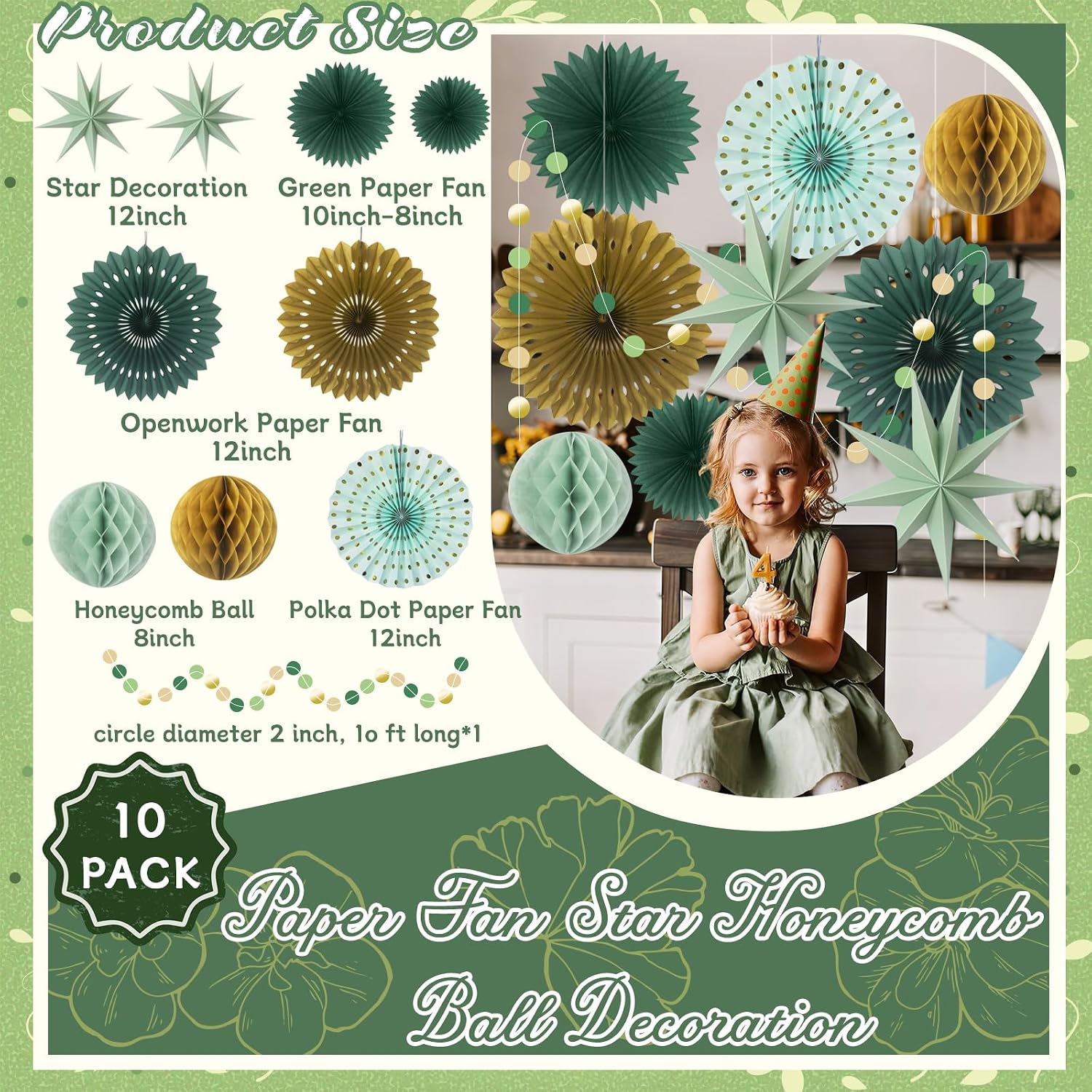 ADLKGG 10-Piece Sage Green Gold Party Decorations, Hanging Paper Fans | Honeycomb Balls, Stars & Garland for Birthday, Woodland Baby Shower, Bridal Shower, Wedding Photo Backdrop & Graduation