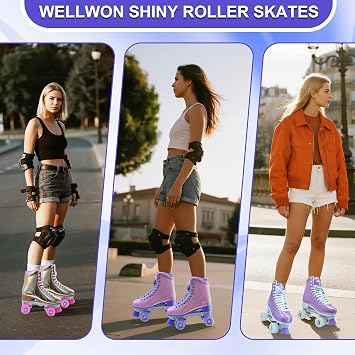 Roller Skate for Women, High-Top PU Leather Quad Skates for Beginner, Shiny Double-Row Rollerskates for Girls Ages 8-60 Outdoor and Indoor