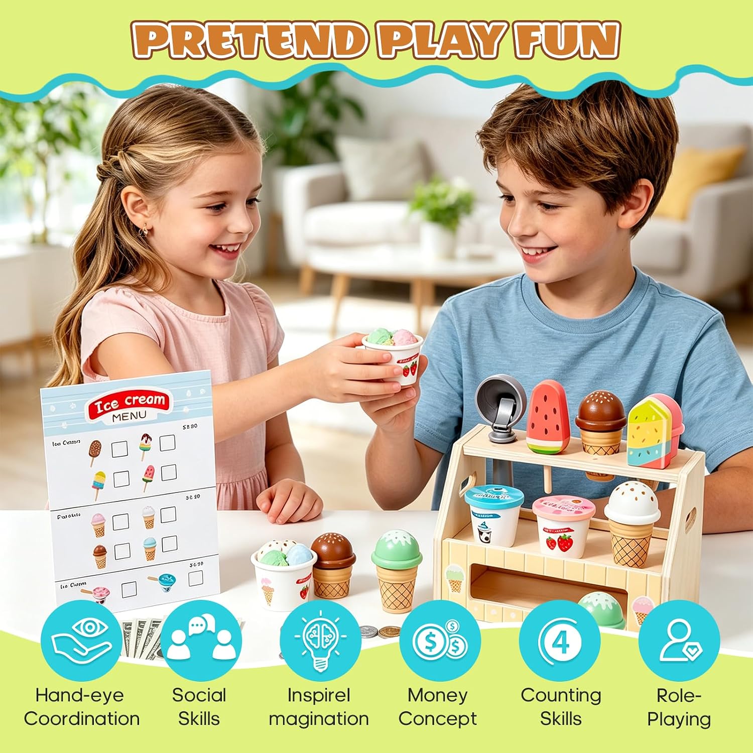 Brownroot Wooden Ice Cream Counter Toy Set, Pretend Play Food Shop with Play Money & Menu, Montessori Toddler Kitchen Accessories Educational Gift for Kids Boys Girls Ages 3+