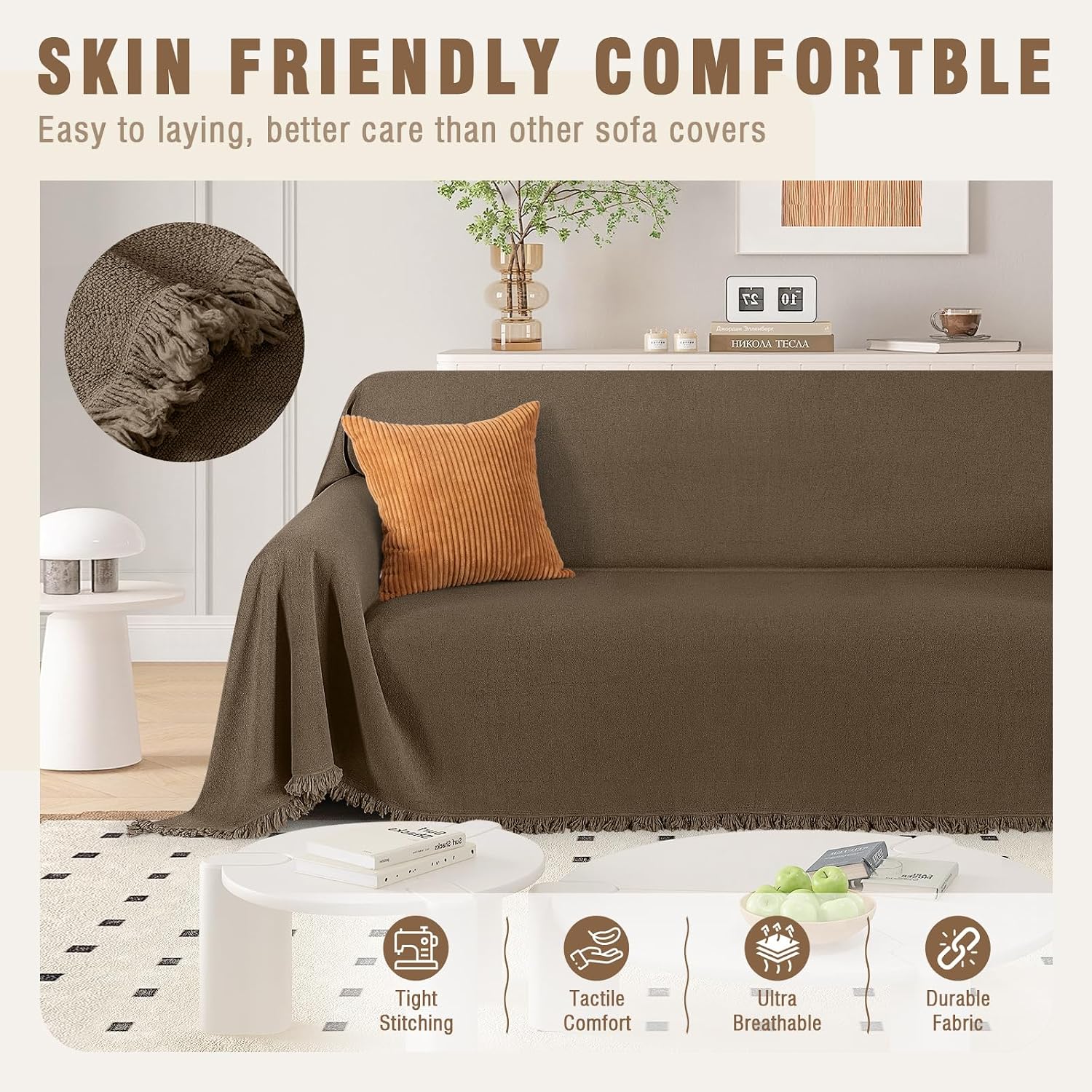 TAOCOCO Couch Covers for Pets Heavy Duty Couch Cover for 2 Cushion Couch Sectional Sofa Covers Durable Throw Couch Cover for Dogs, Kids, Washable Sofa Slipcovers with Tassels (71''x102'' Brown)