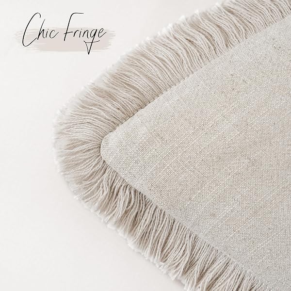 Foindtower Foindtower Set of 2 Decorative Linen Fringe Throw Pillow Covers Cozy Farmhouse Boho Cushion Cover with Tassels Soft Accent Pillowcase for Couch Sofa Bed Living Room Home Decor 20×20 Inch Beige in use