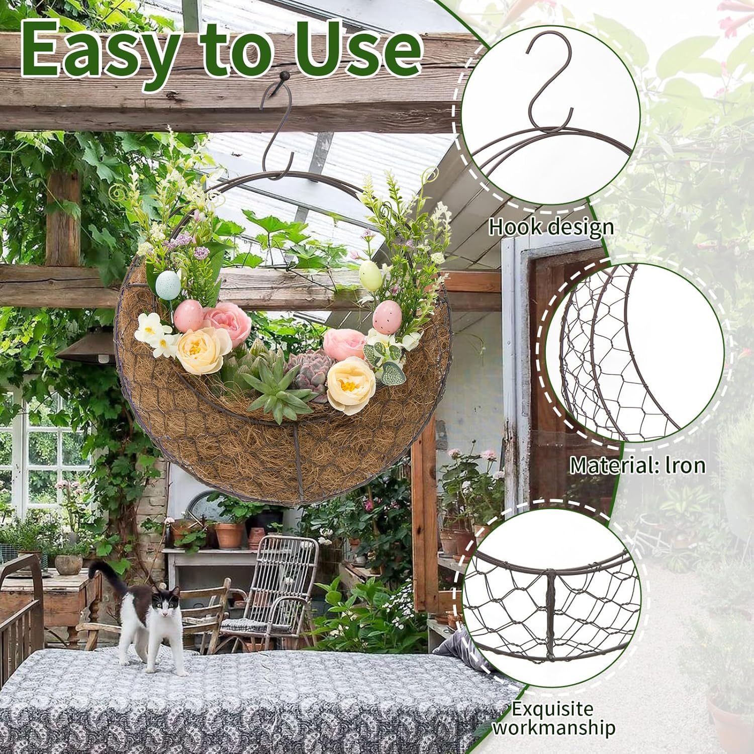 2pcs Moon Shaped Metal Hanging Baskets Planter for Plant, Wire Wreath Frame Air Plant Hanger, Succulent Flower Plant Holder Pot Decor Basket with Hook, Hanging Flower Stand Wall Plant Holder (Moon)