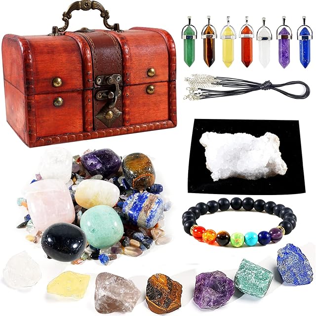 Soulnioi 33pcs Healing Crystal Stones Set with Wodeen Box: 7 Chakra Crystal Raw Stones&Tumble Stones, 7pcs Hexagonal Bllet Head Necklace Pendant with Black Cords, Crushed Stones 30g, Bracelet
