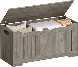 Storage Chest, Storage Trunk with 2 Secure Hinge, 100 cm Lift-Top Storages Bench, Wooden Storages Organizer, Shoe Bench for Entryway, Bedroom, Living Room, Greige SB01005X