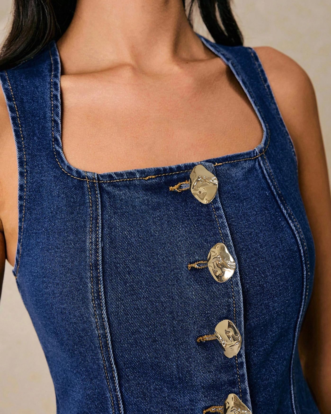 EZAPINE Canotta da donna in denim con bottoni in metallo senza maniche scollo quadrato slim fit gilet jeans