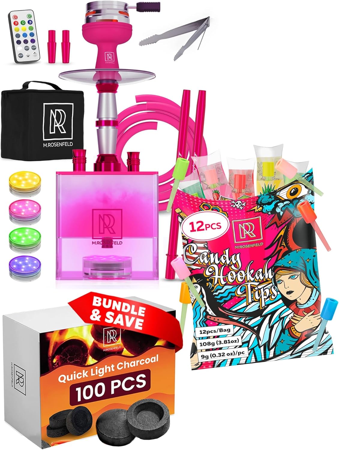 Pink Hookah 2 Hose Hookah Set & 100 pcs Charcoal Incense Burner & Candy Hookah Tips