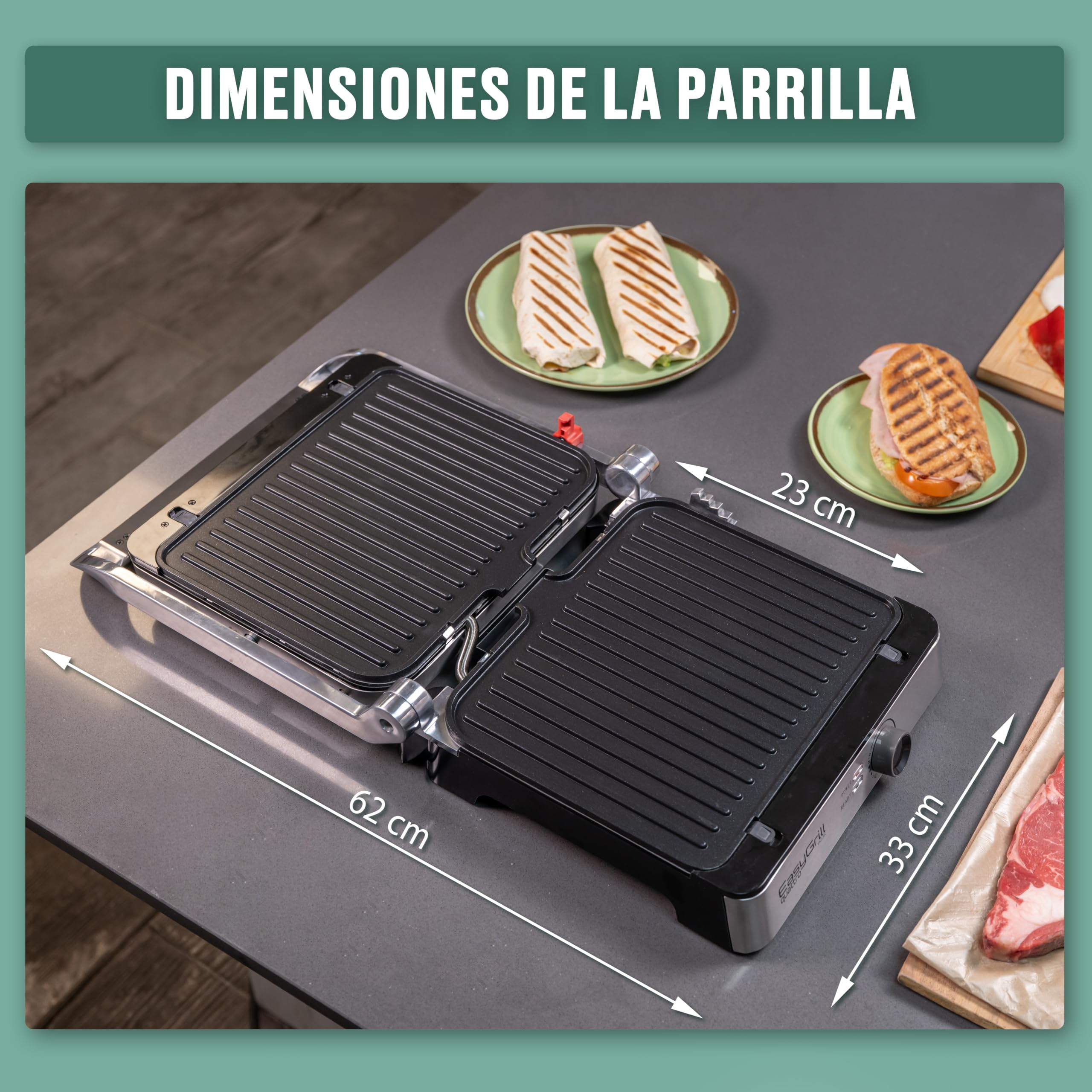 Parrila Electrica Grill 3 en 1 Sandwichera Antiadherente para Barbacoa Paninis Verduras Pescado Ajustable - Tostadora de Pan con Placas Desmontables Lavables 2000w Temperatura Regulable