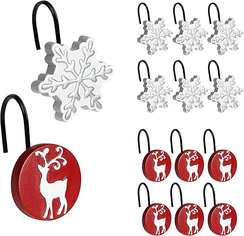 Miniatura 9 de Sunlit Ganchos de cortina de ducha con diseño de reno blanco, anillos de cortina de ducha rojos, resina, decoración de baño de invierno, paquete